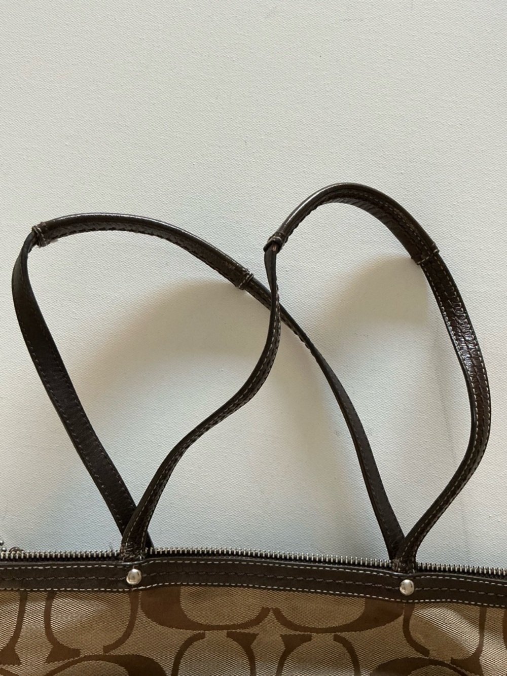 Coach Signature C Stripe Canvas Tote Shoulder Bag Brown Leather Trim Zip Top - Picture 9 of 12